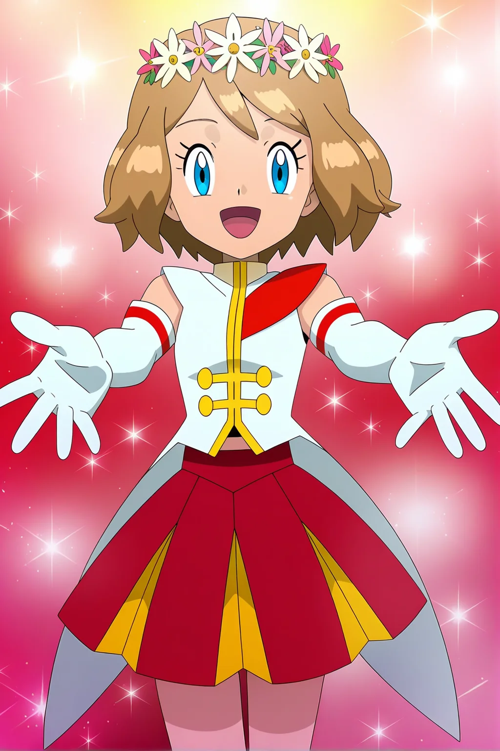 anime, anime screencap, pokemon, serenadorixlc, 1girl, solo, looking at viewer, smile, short hair, open mouth, blue eyes, skirt, brown hair, gloves, flower, :d, tongue, elbow gloves, white gloves, eyelashes, sparkle, red skirt, light brown hair, outstretched arms, serena \(pokemon\
<lora:Serena_doridorich:1>