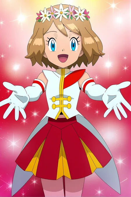 anime, anime screencap, pokemon, serenadorixlc, 1girl, solo, looking at viewer, smile, short hair, open mouth, blue eyes, skirt, brown hair, gloves, flower, :d, tongue, elbow gloves, white gloves, eyelashes, sparkle, red skirt, light brown hair, outstretched arms, serena \(pokemon\
<lora:Serena_doridorich:1>