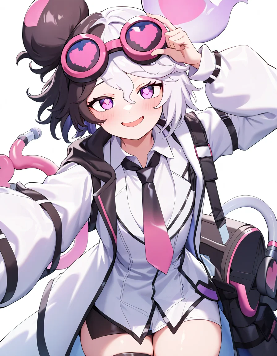 1girl,solo,white background,simple background,looking at viewer,cowboy shot,smile,<lora:vsdr.soul-000012:1>,vsdr.soul,heart,goggles on head,necktie,, masterpiece, best quality, very aesthetic, absurdres,newest, incredibly absurdres,