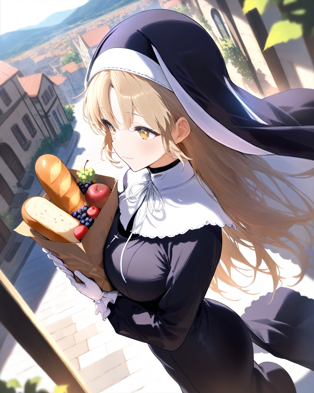 1girl,
SisterClaireNijisanji,
safe, dutch angle, from above, upper body,
nun, light smile,
breasts, white gloves, holding, paper bag, bread, wine, fruit,
walking,
soft lighting, median, town, wind,
depth of field,
<lora:kp_SisterClaireNijisanji1stCostumeAnimagineXL_v1_1:1.0>,
masterpiece, high score, great score, absurdres