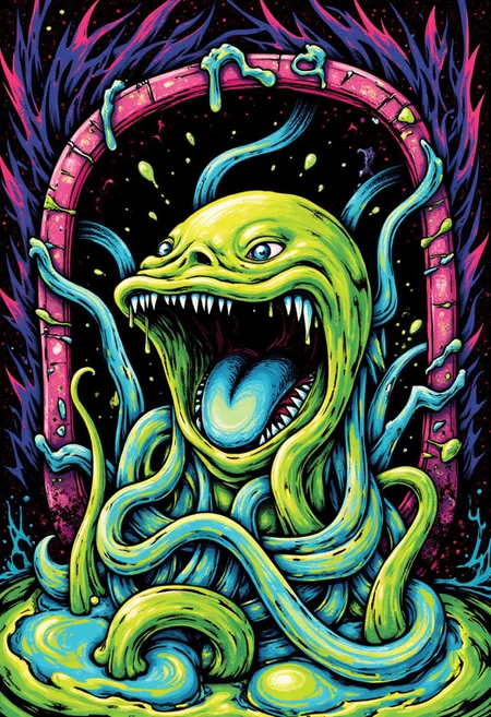 a digital illustration featuring an amorphous green swamp monster with contorted features, filtering out of the sewer pipe, it has sharp teeth, swirling lines of dripping ooze are everywhere, the image has a psychedelic 90s look