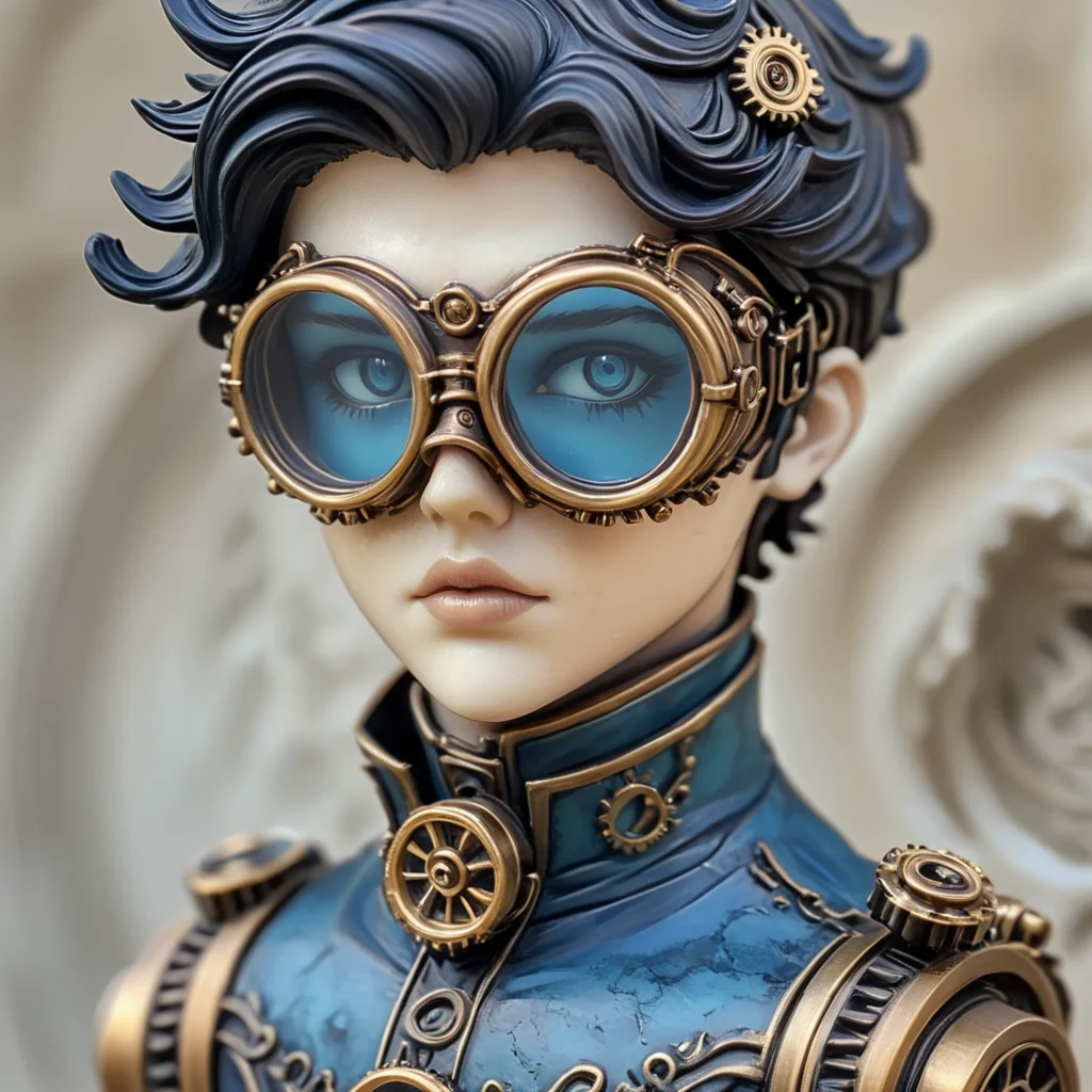 <lora:Rococo_Steampunk_SDXL:1> ArsMJStyle, Rococo Steampunk,  The image shows a statue of a woman wearing a blue dress and goggles with a blurred background., steampunk, goggles, solo, blurry, male focus, colored skin, 1boy, portrait, gears, black hair, realistic, 1girl, lips, monocle