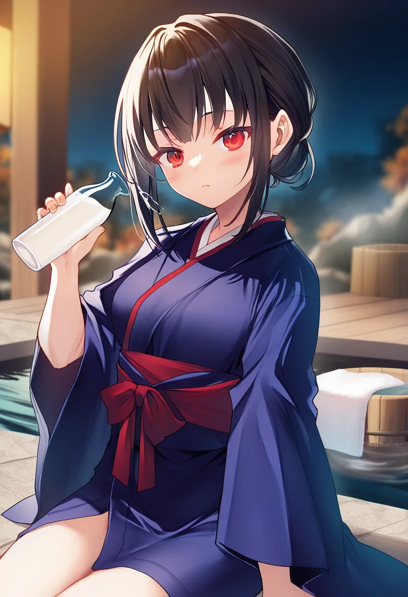 (explict), chiharayukine, solo, onsen, holding a bottle of milk, purple colored kimono, looking at viewer, (from front:1.2), blurry background, red colored eyes, blushed, (masterpiece), (best quality), (ultra detailed), shine, solo, (masterpiece, best quality, amazing quality, highres, absurdres, very aesthetic, depth of field), <lora:chihara_yukine-V3.1:0.9>