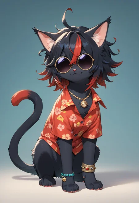 (score_9, score_8_up), score_7_up, score_6_up, best quality, highest quality, (feral), cat, animal focus, furry, female, (solo), full body, official style, (body fur), (black body, black fur, red fur), (black hair, red hair, streaked hair), (messy hair, spiked hair, highlights), cat ears, animal nose, tinted eyewear, round eyewear, hidden eyes, smirk, red markings, red stripes, necklace, hawaiian shirt, bracelet, paws, cat tail, clothed feral, no humans, Xinstyle