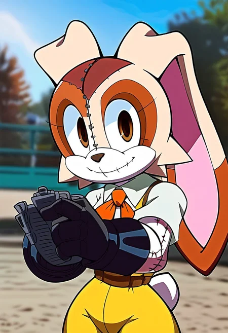 score_9, score_8_up, score_7_up,1 male,upper body, close up, pointing at viewer
, masterpiece, beautiful,solo, 1male, Ultideadpool,
AliceSoulCream, 1girl, animal ears, w rabbit ears, furry, rabbit girl, furry female, stitches, animal nose, large, expressive creepy white eyes, patchwork design on face, elongated ears, cream the rabbit, plush toy, doll, stitched-up face, stylized cartoon creature, stitched appearance, wide unsettling smile, washed up colors, sitched mouth, large stitched eyes, doll-like appearance with a mix of pink and cream colors
, red-and-black tactical suit, skintight, black padding on shoulders,black gloves,muscular build, standing, battle pose, outdoor,