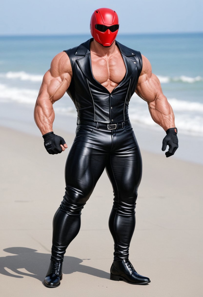 1man, black pants, gloves, pants, black leather gloves, tight black clothes, black opened leather blazer jacket, male focus, helmet, (black opened tuxedo leather blazer, tight black tuxedo shirt, standing, muscular male, muscular, huge biceps, bara, black leather gloves, black leather pants, black men leather shoes:1.8), black leather blazer jacket, tight black latex shirt, tight pants, standing up, flexing, taut black clothes, boots, large pectorals, large biceps, black opened leather blazer jacket, taut black latex shirt, black footwear, (sleek red Red Hood motorcycle helmet with solid white eye lenses, completely covers mouth:1.7), tropical beach<lora:KoraPhotography_PonyXL-000016:0.8>