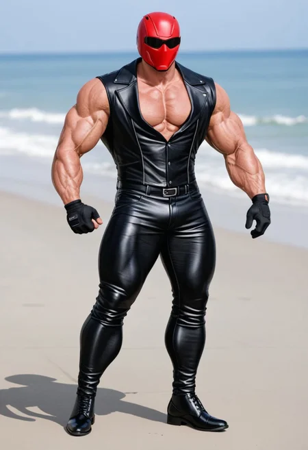 1man, black pants, gloves, pants, black leather gloves, tight black clothes, black opened leather blazer jacket, male focus, helmet, (black opened tuxedo leather blazer, tight black tuxedo shirt, standing, muscular male, muscular, huge biceps, bara, black leather gloves, black leather pants, black men leather shoes:1.8), black leather blazer jacket, tight black latex shirt, tight pants, standing up, flexing, taut black clothes, boots, large pectorals, large biceps, black opened leather blazer jacket, taut black latex shirt, black footwear, (sleek red Red Hood motorcycle helmet with solid white eye lenses, completely covers mouth:1.7), tropical beach<lora:KoraPhotography_PonyXL-000016:0.8>