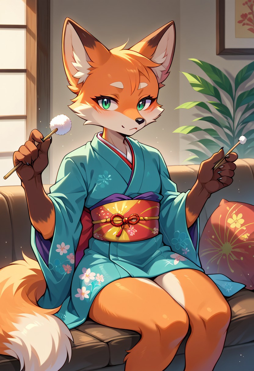 score_9, score_8, score_7, (source_furry, anthro, fox, orange fur)
lap pillow invitation, holding mimikaki,
kimono,
sitting, couch