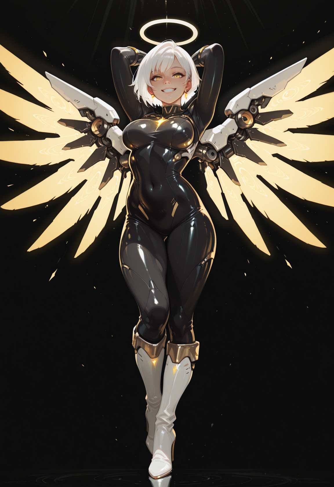 1girl, wings, breasts, halo, solo, high heels, bodysuit, arms up, high heel boots, boots, mechanical wings, full body, smile, looking at viewer, short hair, skin tight, knee boots, white hair, jewelry, medium breasts, large breasts, standing, yellow eyes, earrings, glowing wings, glowing, black background, angel, covered navel, teeth, grin,, masterwork, masterpiece, best quality, dynamic lighting , dynamic pose,,  dynamic angle, nose, (lineless:1.2)