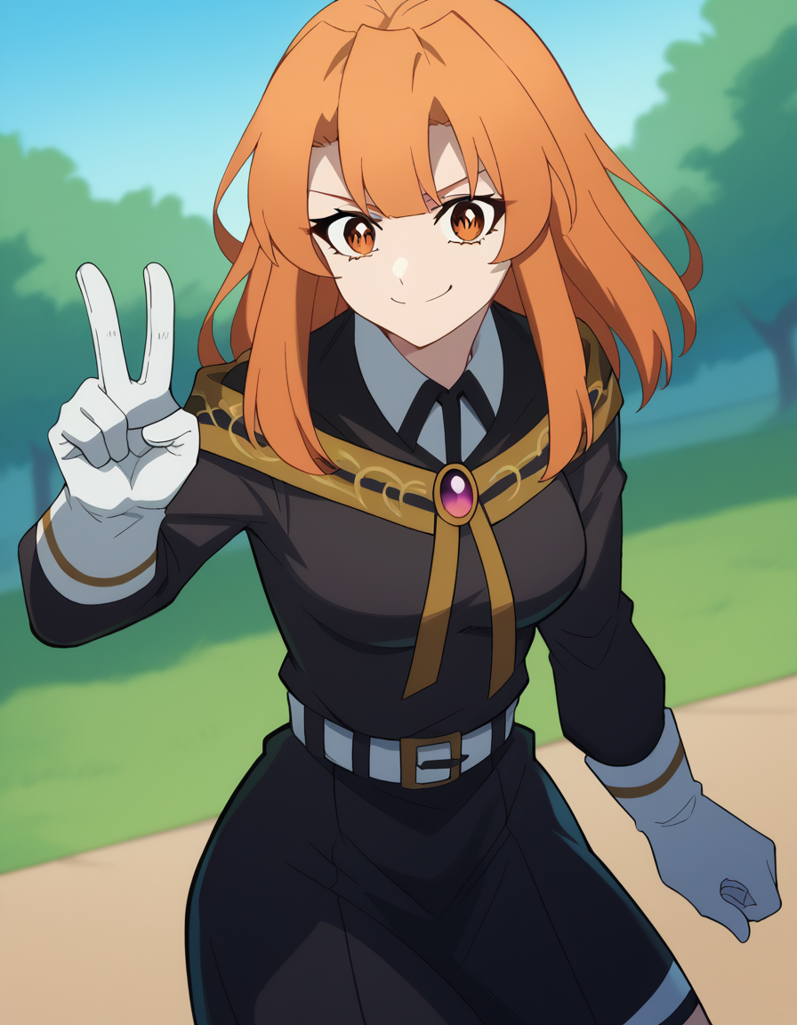 score_9, score_8_up, score_7_up, source_anime, <lora:colette-loire-s1-ponyxl-lora-nochekaiser:1>, colette loire, bangs, brown eyes, medium hair, orange hair, orange eyes, medium breasts,, <lora:team-rocket-uniform-ponyxl-lora-nochekaiser:1>, team rocket uniform, black hat, black shirt, black skirt, white belt, white gloves, single letter,, smile, smug, v, outdoors,, , cowboy shot, dutch angle
