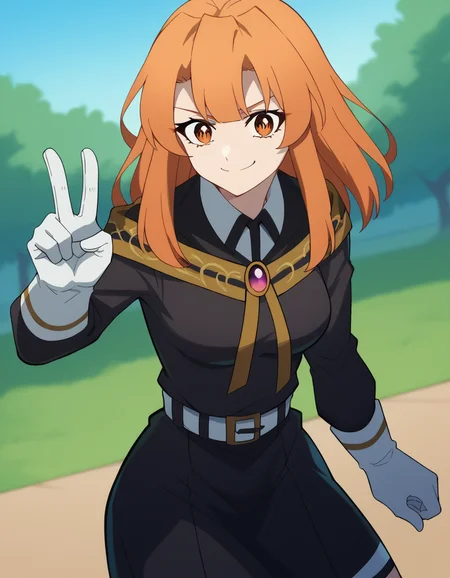 score_9, score_8_up, score_7_up, source_anime, <lora:colette-loire-s1-ponyxl-lora-nochekaiser:1>, colette loire, bangs, brown eyes, medium hair, orange hair, orange eyes, medium breasts,, <lora:team-rocket-uniform-ponyxl-lora-nochekaiser:1>, team rocket uniform, black hat, black shirt, black skirt, white belt, white gloves, single letter,, smile, smug, v, outdoors,, , cowboy shot, dutch angle