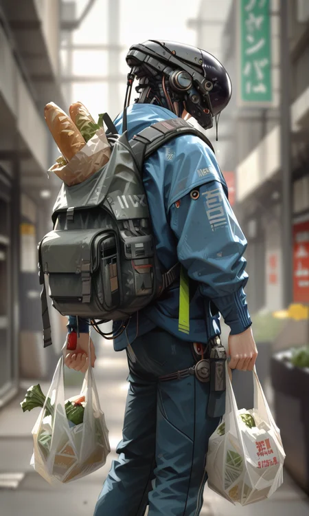 side view, A futuristic cyberpunk-styled cgi image of a male character with a robotic helmet dripping over garbage carrying a large backpack and groceries, <lora:- iLL - the_edgy_mech_V3.0:1>