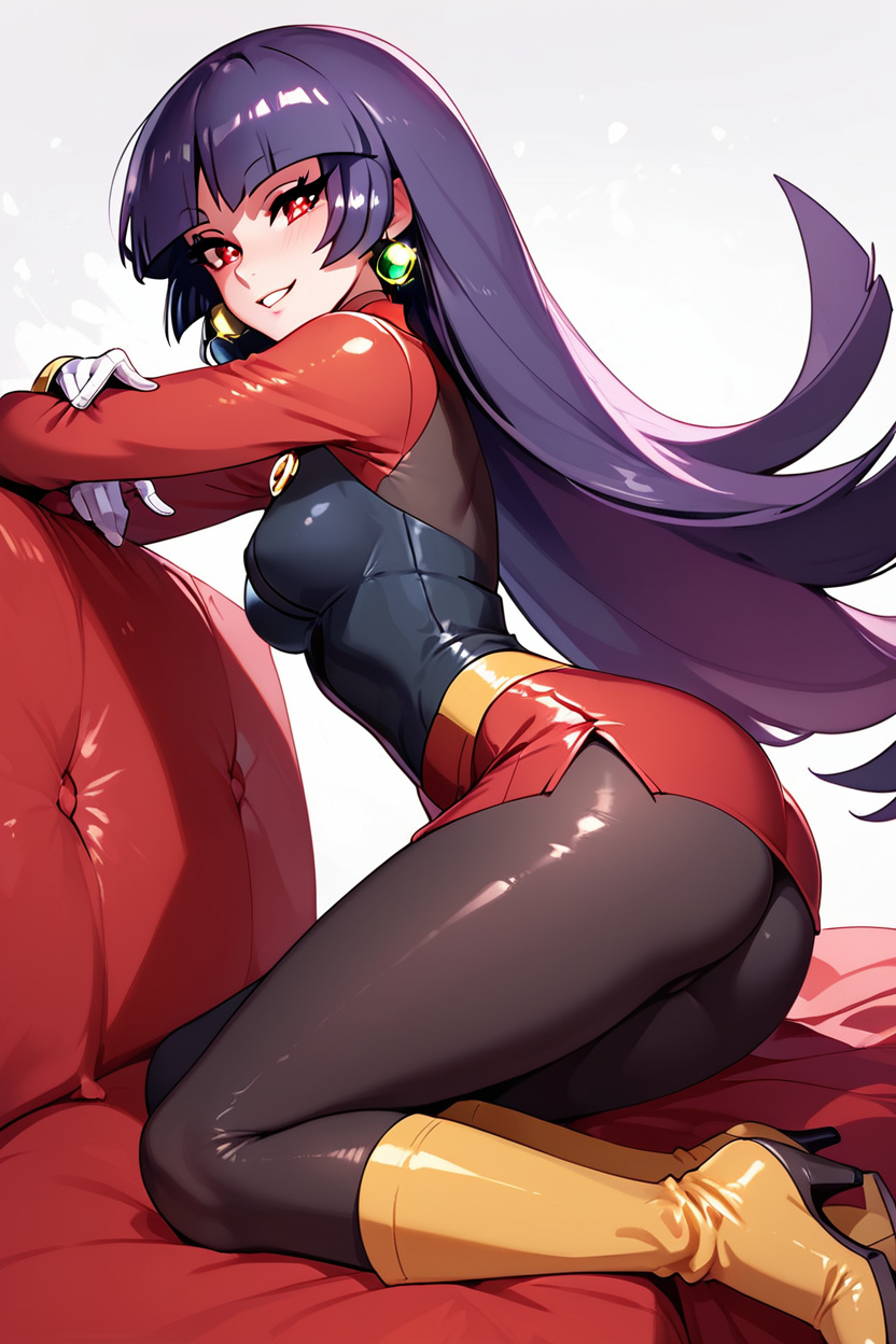 score_9, score_8_up, score_8, medium breasts, (curvy), cute, eyelashes,       BREAK, , ,,,   zzSabrina, red eyes, long hair, blunt bangs, sabrina (pokemon), purple hair, pantyhose, black hair, long sleeves, red skirt,  white gloves, black bodysuit, ass, side view,  ,<lora:Sabrina_Pokemon_PDXL:0.8>, ,,, , BREAK, ,,, smile, looking at viewer, blush, blurry, couch, sitting, ,,, shiny skin, <lora:ProAnime_PDXL_v1:0.7>, ,,, embedding:zPDXL, Expressiveh, <lora:SDXLFaeTastic2400:0.5>, <lora:Expressive_H-000001:0.4>,