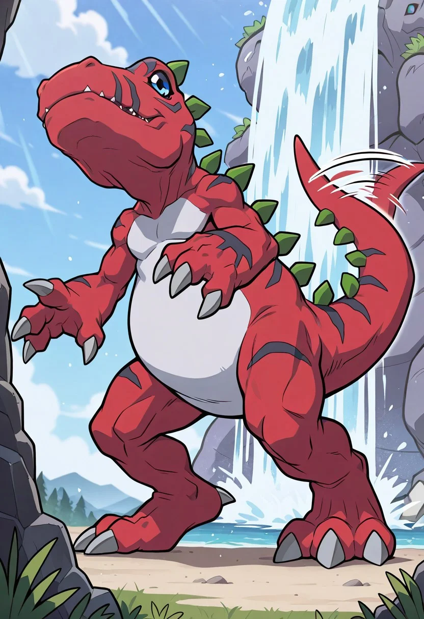 masterpiece,best quality,amazing quality, ultra high detail, good anatomy, perfect anatomy, anatomically correct hands, ultra detailed face, solo, handsome, male only, Tyrannomon, Tyranomon, red body on tyrannomon, Digimon, Digital, Monster, red body, green spines, blue eyes, white belly on just tyrannomon, feral, buff, male only, tail in view, wagging tail, grinning, bathing under a waterfall