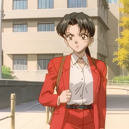 <lora:SakuraOVA_pony_v1:1>SakuraPonytailBag, 1girl, pencil skirt, retro artstyle, 1990s (style), red jacket, formal, skirt suit, ponytail, long hair, red skirt, white shirt, black hair, dressing, long sleeves, necktie, earrings, belt, jewelry, cowboy shot