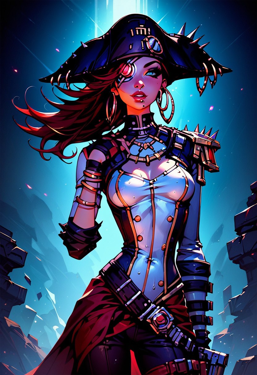 Full body view, score_9, score_8_up, score_7_up,score_6_up, Expressiveh, 1girl, solo, detailed face, sharp lines, medium breasts, slim, sweaty, drenched in sweat, dramatic lighting, detailed face, portrait, 
SCARLETTBL2,1girl, long hair, jewelry, hoop earrings, eyepatch, pirate hat,, fingerless gloves, bracelet, mechanical hand, lip piercing, fully clothed, 
, standing,
Borderlands background,