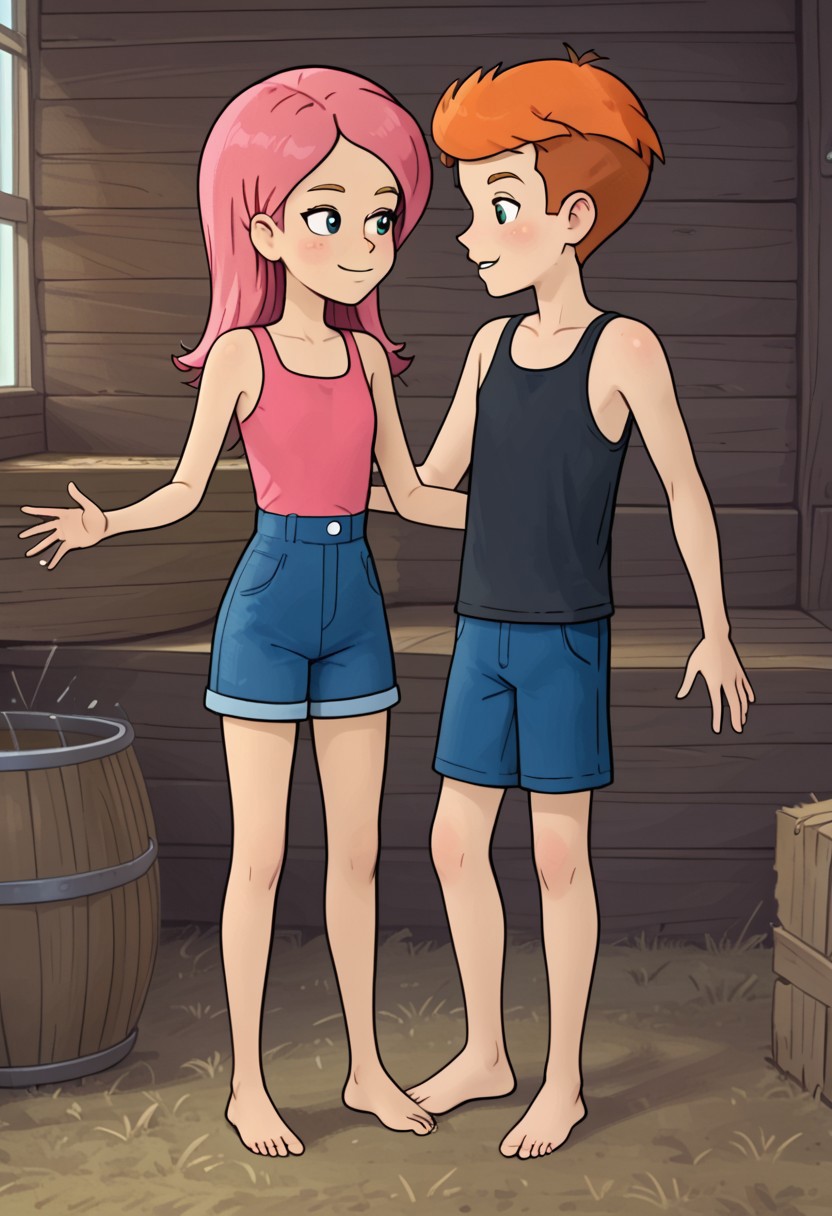 score_7, score_8, score_9, well detailed, 2d, flat colours, vector, line art, cartoon, animated drawing, 1boy, 1girl, shorty, skinny, undersized, underweighted, flat chested, well drawn, detailed , prostokvashino, fyodor, olya, couple, boy and girl, boy with short orange hair, girl with long pink hair, barn background, wooden wall, haystack, shorts, tank top, barefoot,  submissive girl, dominating boy, boy groping girl chest and crotch, boy caressing girl, boy stroking girl,