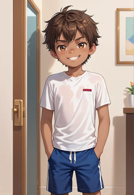 score_9, score_8_up, score_7_up, source_anime,1boy,solo,male focus,smug,shorts,hands in pockets,living room,Baianinho,brown hair,brown eyes,dark skin,cute,young,(tight shirt),