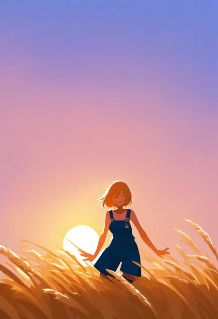 SK3, minimalist, simple drawing, simple shadows, a female model wearing blue overalls, in a wheat field, smiling, sunset