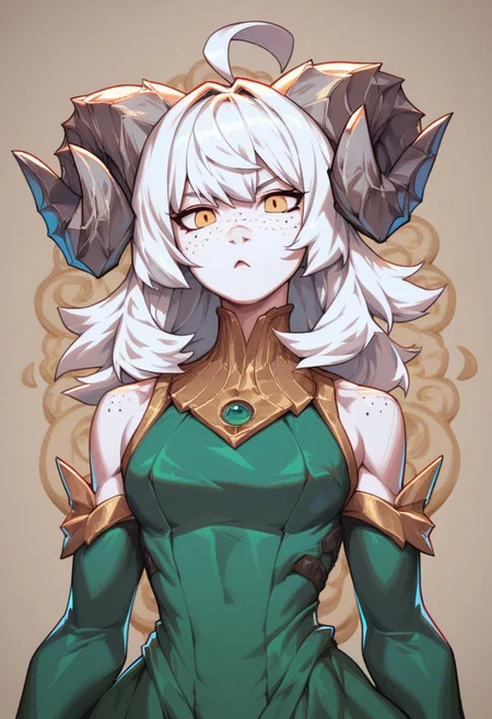 score_9, score_8_up, score_7_up, 2XKO, CrescentiaStyle, 1girl, solo, twisted ram's horns, freckles, white hair, long bangs, golden eyes, vertical pupils, pale skin, green dress, BREAK medium shot, detailed background