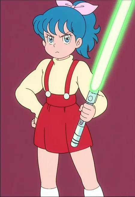 1girl, solo, mikikonoha, blue hair, blue eyes, blue hair ponytail, pink bow on hair, cream-colored long-sleeve shirt, red straps, red skirt, white long socks, red shoes, holding energy sword, green lightsaber, looking at viewer, serious, angry, closed mouth, standing, front view, dark pink background
