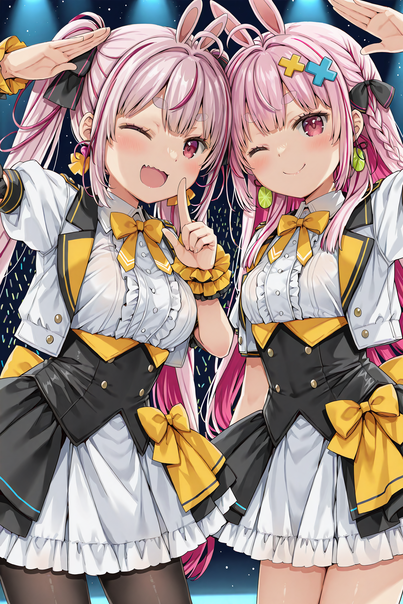detailed background, shiny skin, posing,
<lora:natsueri.il:1>,
natsueri,
2girls,
tomari, small breasts, twintails,
eri, large breasts, long hair,
idol costume, jacket, shirt, skirt, pantyhose, idol pose, one eye closed,