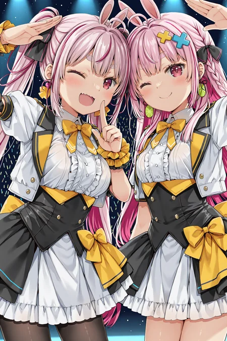 detailed background, shiny skin, posing,
<lora:natsueri.il:1>,
natsueri,
2girls,
tomari, small breasts, twintails,
eri, large breasts, long hair,
idol costume, jacket, shirt, skirt, pantyhose, idol pose, one eye closed,