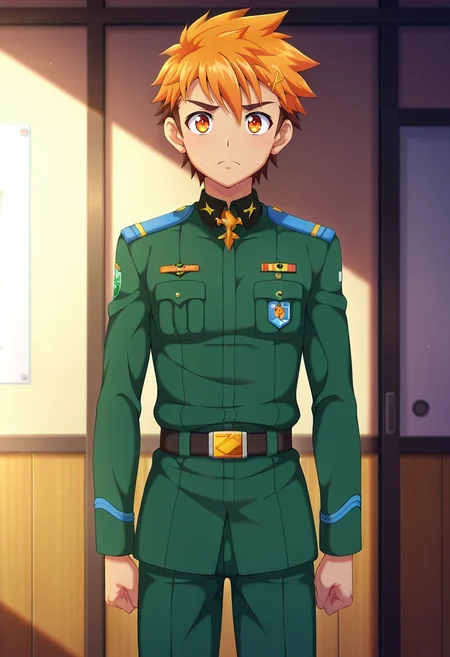 masterpiece, best quality, , anime screencap, anime coloring, , , , 1boy, solo, male focus, <lora:hiro_akiba_ilxl:0.98>, hiro_akiba, orange hair, orange eyes, short hair, uniform, ,