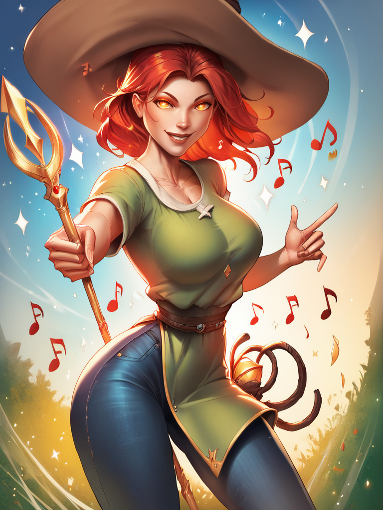 score_9, score_8_up, score_7_up, 1girl, musical note, tunic, magical staff, red hair, big hat, epic pose, light smile, bright pupils, particles around, splash art, pants, looking at viewer, cowboy shot, dynamic pose, smile, cute, wide shot, solo, dutch angle, leaning forward, 
 <lora:JamieTyndall_Style:1>TyndallXLP, curvy, narrow waist,