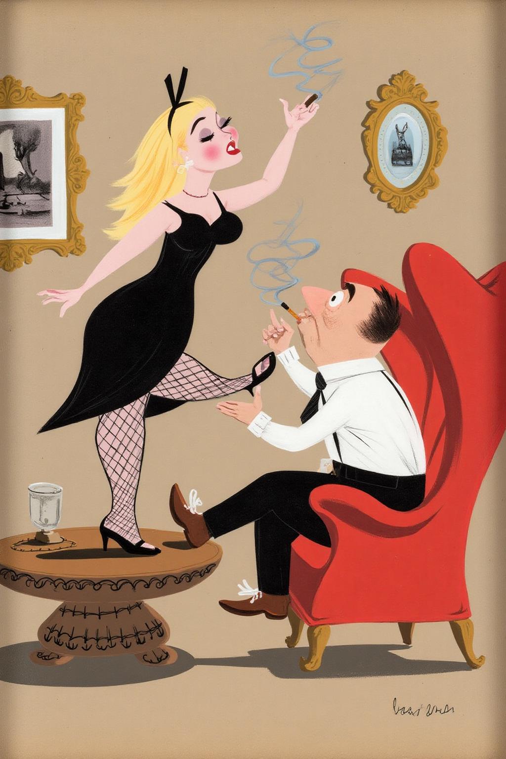maryblair2 illustration.
jackvettriano1. A seated man kissing the raised foot of a woman.  On the left is the man, shown in side profile, in a white shirt and black trousers with a tie, seated in a red chair, holding a cigarette in one hand.  On the left is the lower body of the woman in a black dress with stockings and high heels stands on top of a coffee table with one foot raised, <lora:maryblair3_cap_d6a3e9:1.0><lora:855821327620175404:0>