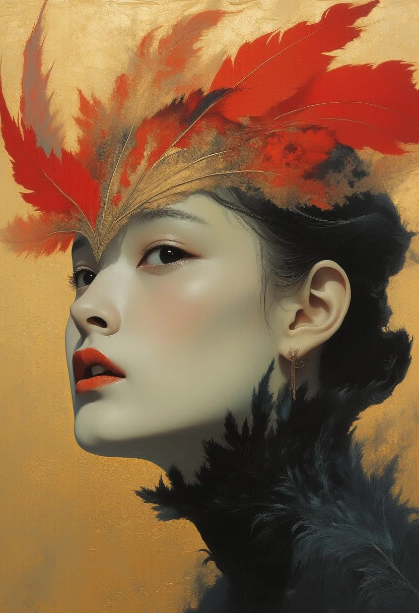 A surreal gongbihua painting of a woman with a striking, almost otherworldly appearance. She is captured in a three-quarter view, with her face and shoulders prominently displayed against a gold foil background. Her facial features are finely sculpted with sharp, defined contours. She has dark hair that is pulled back, allowing the focus to remain on her face. Her eyes are a striking and she wears an elaborate, veil that covers her entire face except for her lips. The veil is intricately designed with a delicate, feather-like texture that radiates outward from her face, creating a dramatic and ethereal effect. The red feathers add a luxurious and almost regal aura to her appearance. She is adorned with a high collar made of dark, fluffy feathers, which adds to the exotic and fantastical nature of the image. The textures in the feathers are meticulously rendered, with each individual feather's details visible, enhancing the realism of the artwork. The overall composition is both elegant and mysterious, evoking a sense of ancient mythology or fantasy. shanshui