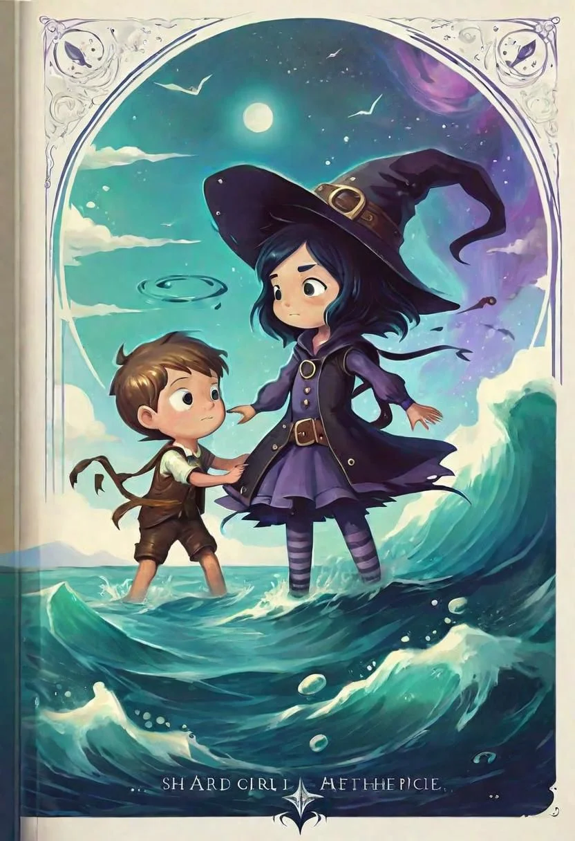 AetherPunkAI children s cover book of a {witch girl has agreed to help a young boy, in love with the sea, but tied to the land, in an attempt to cheat fate, interfered with the fabric of the universe}, fantasy masterpice, sharper, clean lines, outline, muted colors, minimun detals, maximum detalled, SimplePositiveXLv2