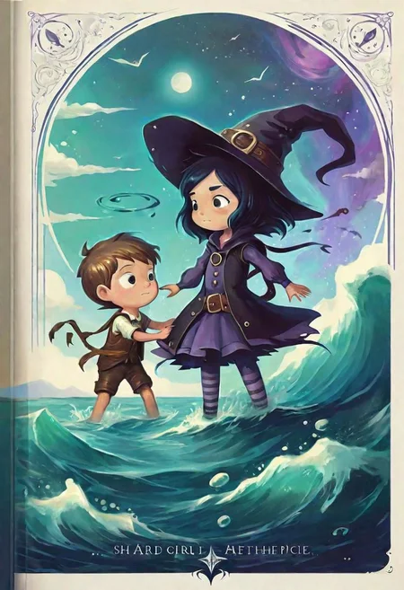 AetherPunkAI children s cover book of a {witch girl has agreed to help a young boy, in love with the sea, but tied to the land, in an attempt to cheat fate, interfered with the fabric of the universe}, fantasy masterpice, sharper, clean lines, outline, muted colors, minimun detals, maximum detalled, SimplePositiveXLv2