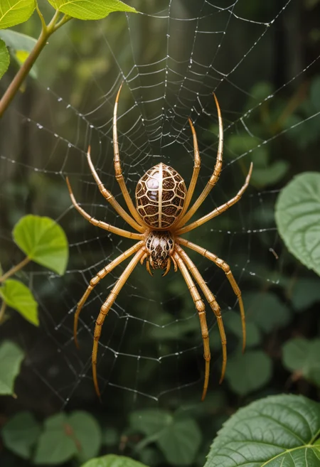 (medium full shot) of (radiant spider) with a gold glossy exoskeleton, medium size, striped legs with pointed tips, minimalist web with geometric patterns, webbing with intricate patterns, located in an overgrown garden, with thick vines, hidden webs, buzzing insects, and a wild atmosphere, Masterpiece,best quality, photo, realistic, very aesthetic,