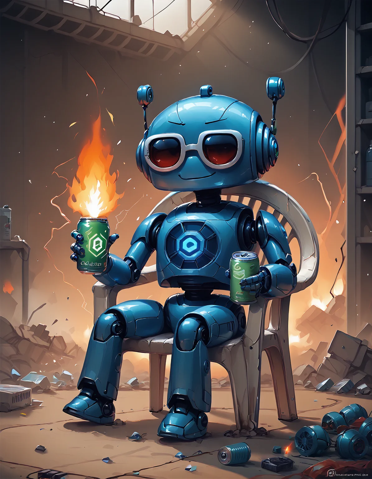 score_9,score_8_up,score_7_up, CivBot, blue robot, solo, sitting, plastic chair, leaning, holding can, sunglasses, smug, fire, destruction, cable, computers, sparks, electricity, indoors, messy room, science fiction <lora:CivBotPDXL:1> <lora:PlasticChair_XLPD:1>
