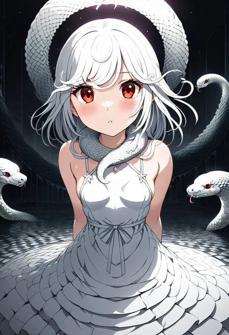source anime, anime style, official art, "Sengoku Nadeko wrapped by a pale white snake around her neck, glowing under soft, eerie lighting, surrounded by detailed scales, mixed with a surreal and unsettling atmosphere, photorealistic textures." white_hair, red_eyes, medium_hair, snake_hair, small_breasts, WHITE DRESS, <lora:SDXLFaeTastic2400:0.4> <lora:extremely_detailed:0.4> extremely detailed, <lora:sn4ke:1>,sn4ke, Masterpiece,best quality,hi res,8k,hi res,8k,award winning,(sharp focus, intricate, highly detailed), rating:safe