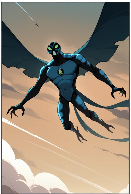 <lora:bigchill-07:1> bigchill, solo, 1boy, green eyes, blue skin, no humans, green sclera, teeth, no pupils,, wings, soaring through the skies, contrail, smoke trail, clouds, in the sky, flying,, masterpiece, best quality, amazing quality, very aesthetic, absurdres, newest,, upper body, halftone effect, white borders, abstract background:1.2,