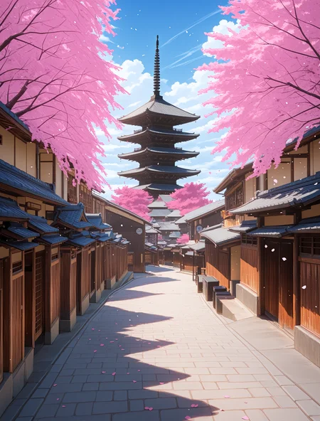 <lora:Yasakanoto-IllustriousXLV01-V1:1>
(masterpiece, very aesthetic, absurdres:1.4), best quality, newest, perfect anatomy, perfect lighting, anime coloring BREAK
(sparkle, light particles:0.6), light rays, rim lighting, (depth of field, blurry background) BREAK
no humans BREAK
yasaka pagoda, hokanji temple, kyotogion road, pavement, day, blue sky, cloud, (cherry blossoms, falling petals)âââ