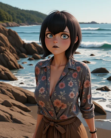 dynamic view, looking at viewer, outdoors daylight, Bashful with downturned eyes, a gentle blush on the cheeks, and hands clasped nervously.
A woman walks along a rocky shoreline, her footsteps soft on the uneven terrain as she watches the waves crash against the jagged rocks. in a dynamic pose
<lora:Hotel_Transilvania_-_Mavis_v2-000030:1> ht-mavis a 20 year old adult woman with blue eyes and black hair. Floral print wrap blouse with three-quarter sleeves and a tie belt at the waist