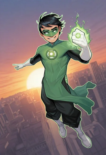masterpiece, absurdres, high quality, perfect anatomy, 1boy, solo, cute boy, male focus, TaiPham, Black Hair, Green Lantern Ring, Green Lantern Costume, Green and Black Bodysuit, Green Domino Mask, White Eyes, White Gloves, Pelvic Curtain, Black Pants, White Shoes, Glowing Green Outline, Green Energy Aura, floating, levitating, big smile, cinematic, intricately detailed illustration, depth of field, masterpiece, best quality, amazing quality, very aesthetic, absurdres, newest, very awa,  shadow, dynamic angle, casual cosplay, dynamic pose, flying, city, sunset,