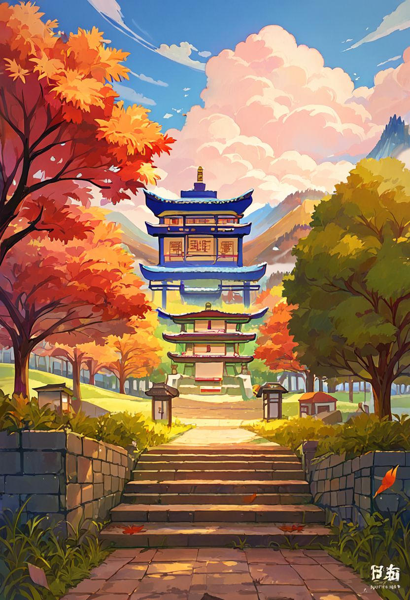 score_9, score_8_up, score_7_up, BREAK
scenery, landscape, tile wall, fog, grass, window, building, stucco, path, outdoors, tree, east asian architecture, no humans, dirt, autumn leaves, architecture, blue sky, bush, castle, plant, pagoda, sky, wall, stairs, town, nature, cloudy sky, mountain, light, green theme, cloud, stone wall, entrance