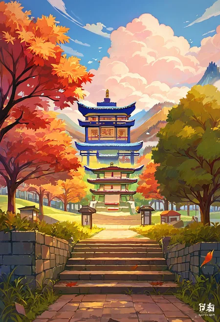 score_9, score_8_up, score_7_up, BREAK
scenery, landscape, tile wall, fog, grass, window, building, stucco, path, outdoors, tree, east asian architecture, no humans, dirt, autumn leaves, architecture, blue sky, bush, castle, plant, pagoda, sky, wall, stairs, town, nature, cloudy sky, mountain, light, green theme, cloud, stone wall, entrance