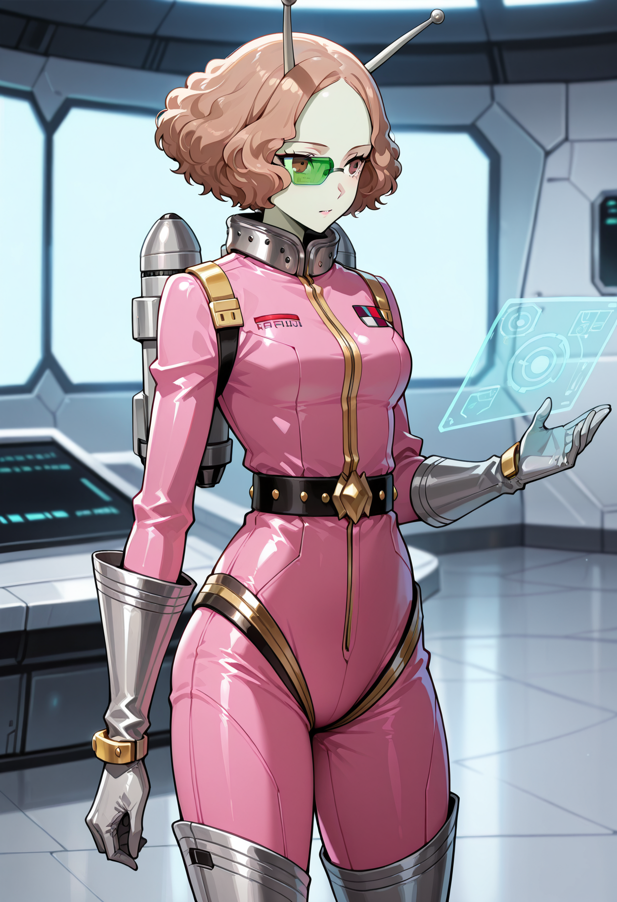 (masterwork, masterpiece, best quality, hyper-detailed),
1 girl, solo, 
p5haru, brown hair, short hair, wavy hair,
p5haru-cognitive, spacesuit, pink bodysuit, belt, studded belt, gloves, thigh boots, silver boots, alien, silver gloves, jetpack, scouter, holographic interface, antennae, colored skin, green skin, science fiction, cosplay, alternate outfit, 
indoors, space ship, laboratory, science fiction, standing, cowboy shot,
