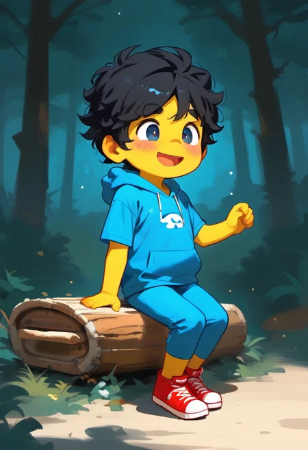 score_9, score_8_up, score_8, ((high_quality)), ((Super_Detailed)), 1boy,(max (camp camp),:1.2) solo, hood, blue hoodie,chubby, yellow shirt, blue pants, red shoes, (curly black hair,:1.2) dark skin ,cute, chibi, small body, cartoony, cartoon style, (by ardidon:1.2),max ((Super_Detailed)),camp background, cartoony, cartoon style, (by ardidon:1.2),max, dynamic angle, side view, view from the side, full body, excited face, fear face, blushing, digital art, c4toony style