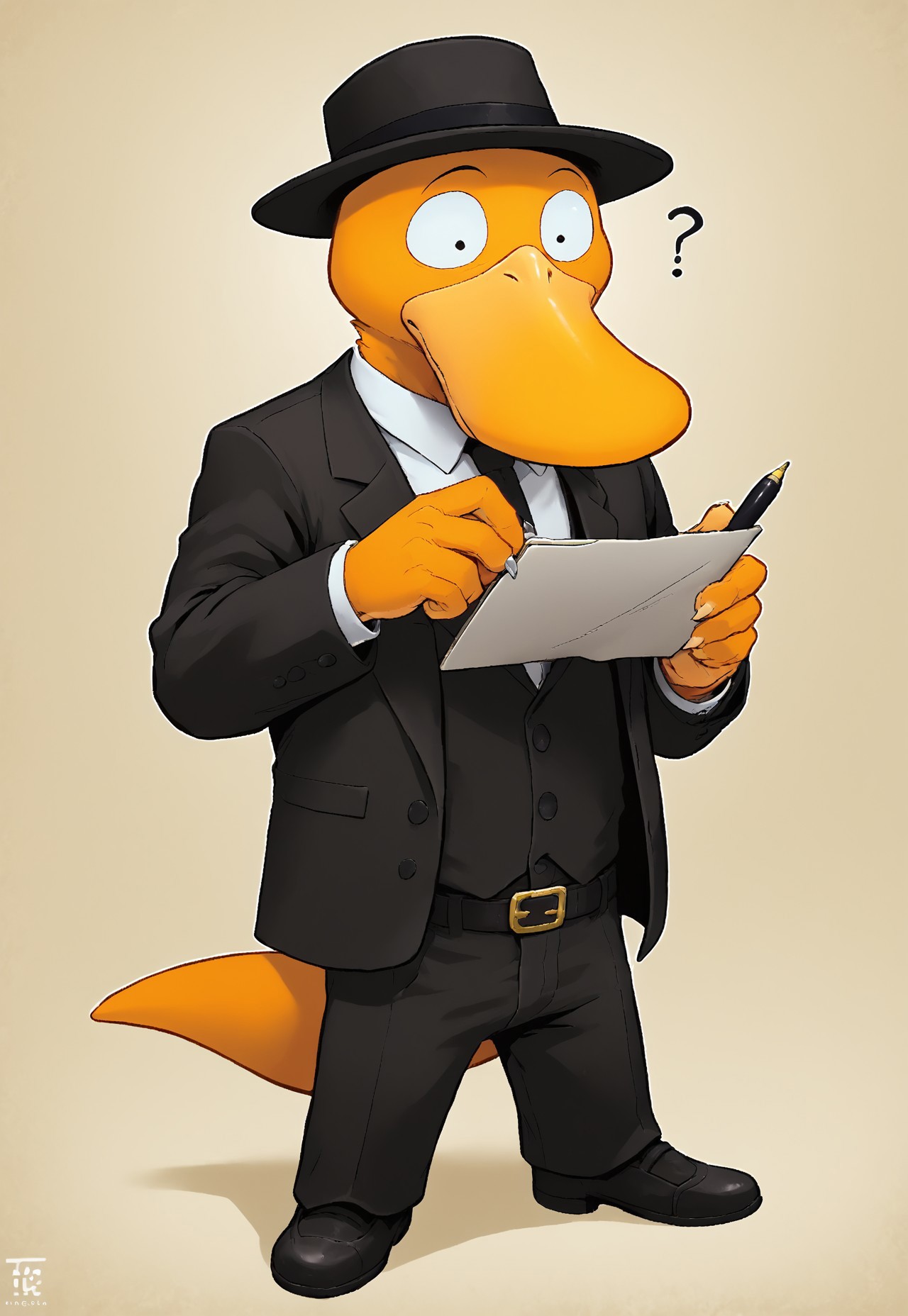 score_9, score_8_up, score_7_up, intricately detailed, 
source_furry, sfw, male focus, solo, 1boy, anthro, psyduck, beak, (journalist, suit, pants, belt, shoes, hat), confused, surprised, holding notepad, holding pen, hotel lobby, in phonebooth, 1940s, full-length portrait:1.5, Classic Film Noir style