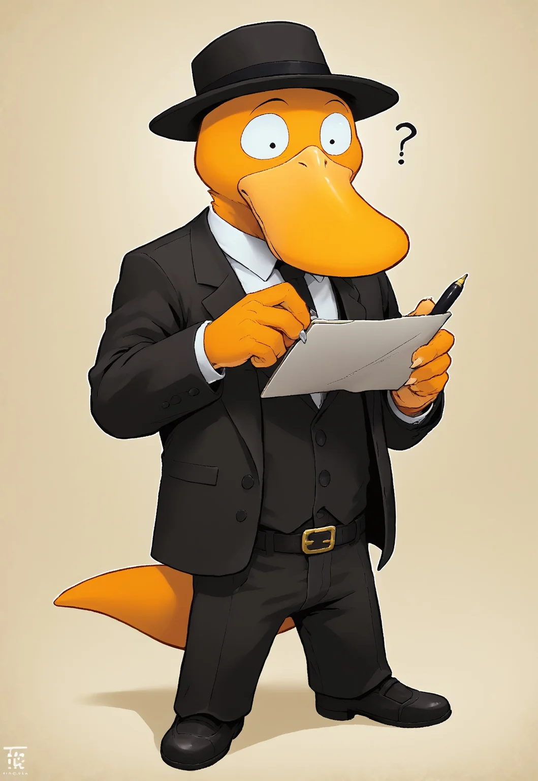 score_9, score_8_up, score_7_up, intricately detailed,
source_furry, sfw, male focus, solo, 1boy, anthro, psyduck, beak, (journalist, suit, pants, belt, shoes, hat), confused, surprised, holding notepad, holding pen, hotel lobby, in phonebooth, 1940s, full-length portrait:1.5, Classic Film Noir style
