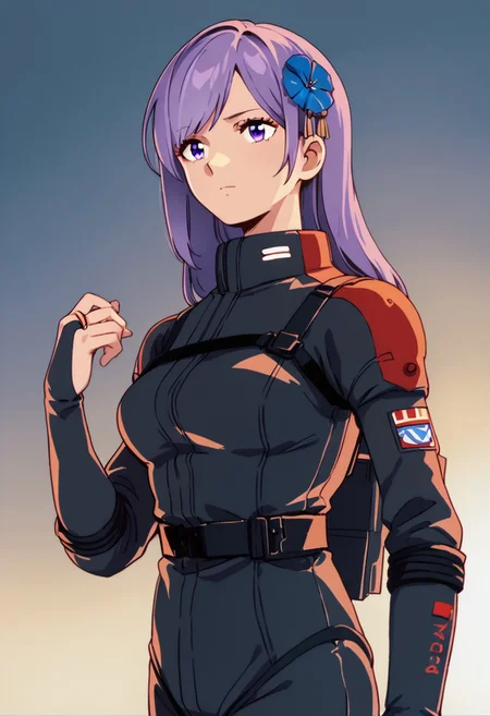 zPDXL3, asano_ruri, purple eyes, long hair, purple hair, hair ornament, virtual youtuber,bangs,hair flower, bridal gauntlets,medium breasts,black spacesuit, black gloves,