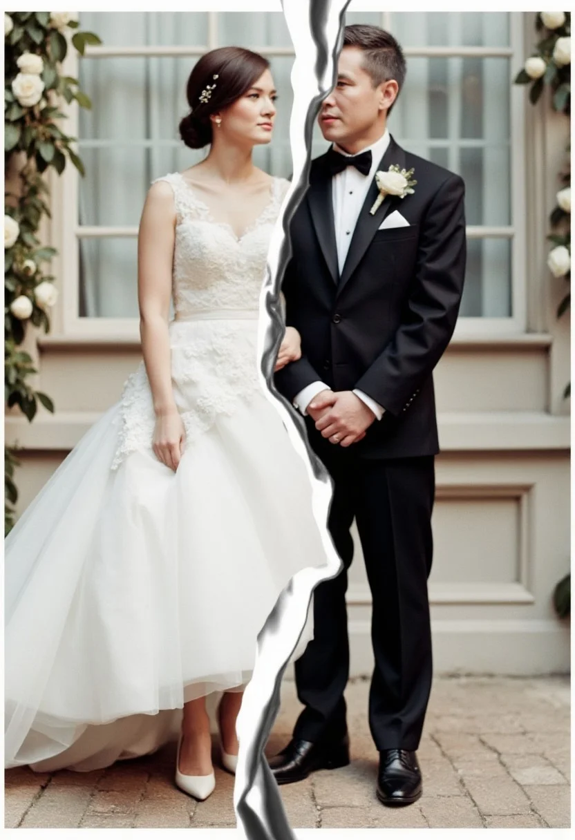 Experimental wedding photo, spliced and rearranged in a jagged and broken pattern. A woman wearing a wedding dress, and white bridal shoes. A blue-collar man wearing a used tuxedo.