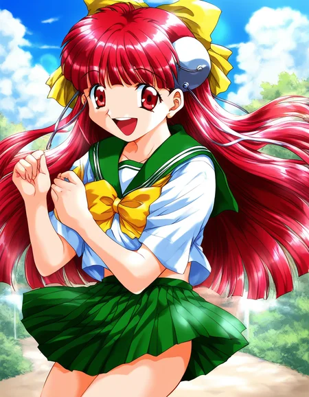 score_9, score_8_up, score_7_up, source_anime, rating_explicit, BREAK <lora:Nanako_RISE_XL:1>ãNanako_RISE, long hair, red hair, red eyes, bangs, hair bow, headgear, yellow bow, solo,
Yellow school uniform, smile, open mouth, bow, hat, green skirt, Yellow short sleeves, sailor collar,
outdoor, sky, school,