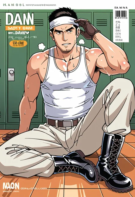 (Aaaild, Aaadjd, manga cover, magazine cover, text) source_anime, perfect anatomy, perfect proportions, best quality, masterpiece, high_resolution, high quality, (solo focus, male focus, male only, bara, gay, homo, mature, masculine, manly, virile, macho, hunky, rugged, middle-age, daddy, dilf, handsome), alluring, seductive, heroic, serious, grim, stern, unsociability, bluntness, gruffness, naughty face, moaning, dazed, looking away, focusing gaze, BREAK (asian man, dark eyes, black hair, sideburns, unkept facial hair, stubble, chinstrap beard), BREAK (construction working wear, white tank-top, white headband, light-green working trousers, working pants, black working boots, black working gloves), BREAK sitting on floor, lying on back, relaxed pose, leaning slightly, one knee bent upward, legs spread, hand supporting head, contemplative expression, horny, kinky, domination, heavy breathing, enticed, excessively sweaty shiny skin, shading, countershading, indoors, locker room, dark atmosphere,